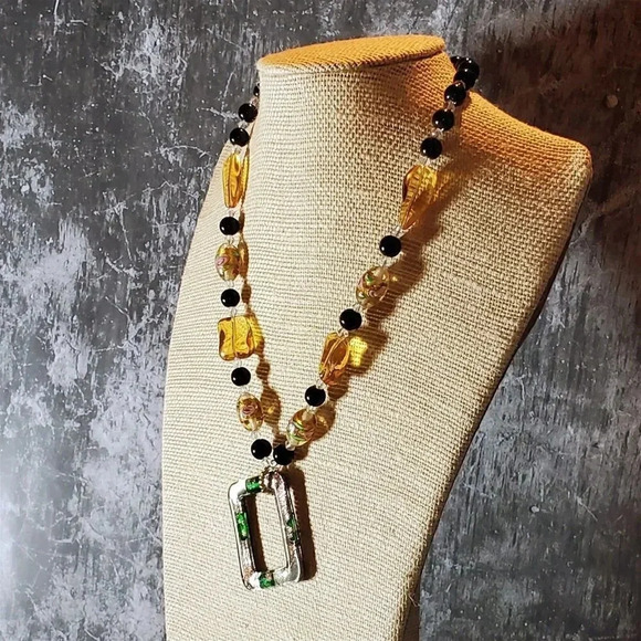 Lampwork Glass Black Amber Clear Geometric Pendant Handcrafted Necklace - Picture 10 of 12